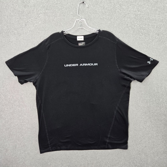 Under Armour Men Activewear Shirt 2XL Black Heatgear Fitted Logo Crew Neck Tee - Picture 1 of 9